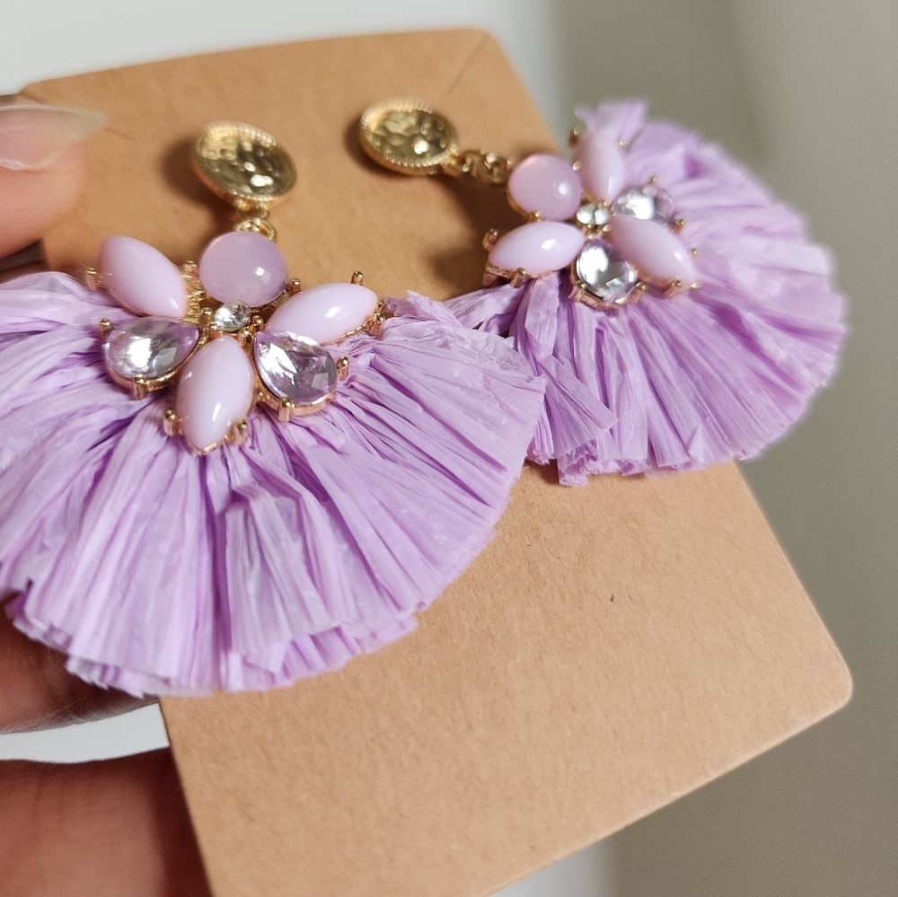 NWOT Paper Purple and Pink Floral Fan Shape Dangling Stud Earrings - Picture 12 of 13